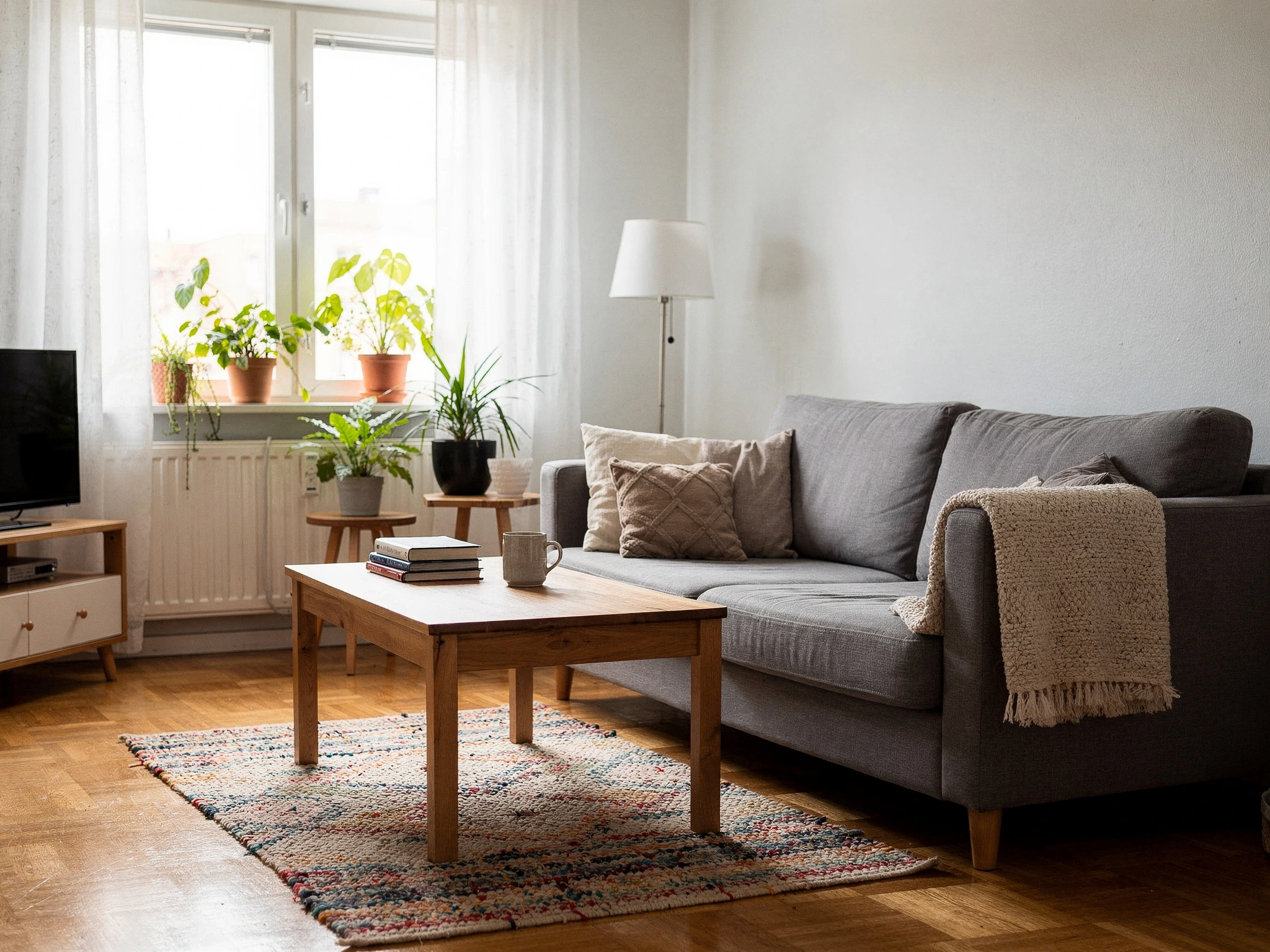 Vardagsrum med grå soffa, dammsuget trasmattor och krukväxter i fönstret